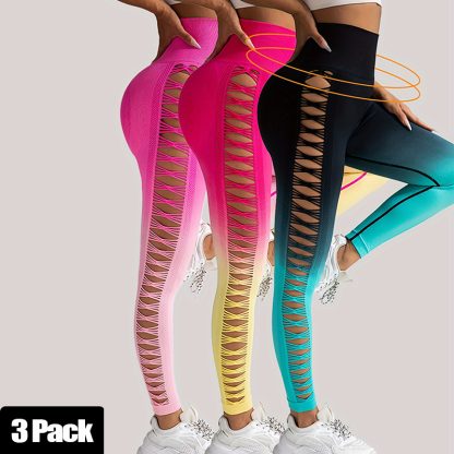 3 Pack Women's Gradient Color Butterfly Hollow High Waist Butt Lifting Long Fitness Pants, Seamless Leggings For Women High Waist Yoga Pants, Scrunch Butt Lifting Elastic Tights - Image 8