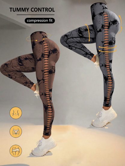 2 Pack Tie-dye Hollow High-waist Butt-lifting Women's Fitness Pants, Women's Tie Dye Cutout Tights Workout Yoga Leggings - Image 3