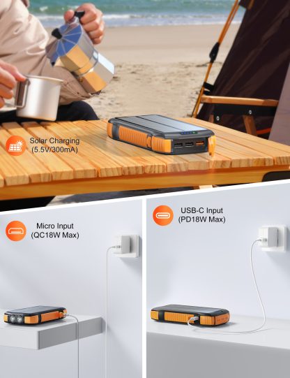 New Product Large Capacity 20000mAh 3 USB C Flashlight Ip67 Waterproof High-speed Wireless Charger Solar Power Bank - Image 3
