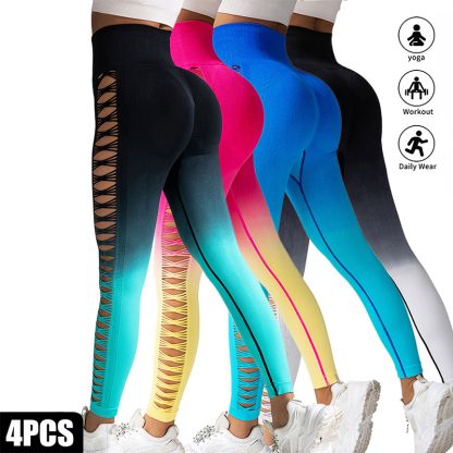 4 Pack Cut Out Ombre Gradient Color Hollow High-waist Butt-lifting Fitness Women's Yoga Pants, Women's High Waist Yoga Pants Cutout Ripped Super Soft And Comfortable Skinny Leggings - Image 3