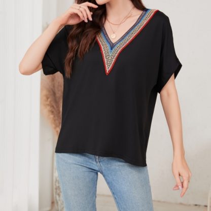 Women's Loose Fit Short Sleeved Breathable Casual Lace V-neck Shirt Top - Image 2