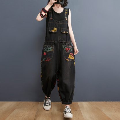 Women's Fashion Plus Size Age Reduction Print Suspender Jeans - Image 3
