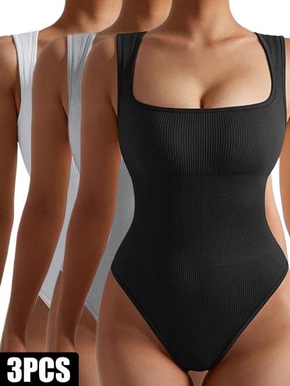 3 Pack Women Workout Seamless Jumpsuit Yoga Ribbed Bodycon One Piece Spaghetti Strap Romper - Image 8