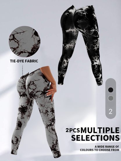 2 Pack Tie-Dye High Waist V-Back Yoga Leggings, Peach-Hip Enhancing Athleisure Tights, Sport Style Fitness Pants - Image 7