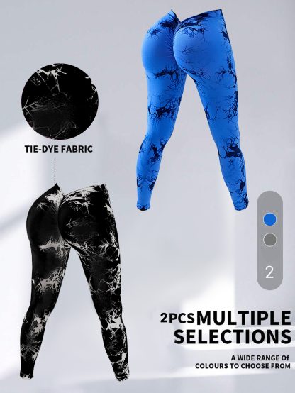 2 Pack Tie-Dye High Waist V-Back Yoga Leggings, Peach-Hip Enhancing Athleisure Tights, Sport Style Fitness Pants - Image 4