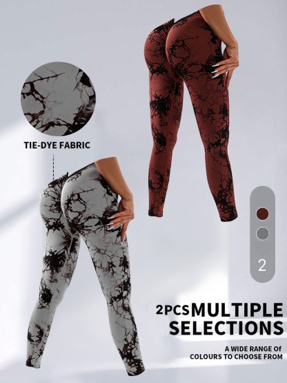 2 Pack Tie-Dye High Waist V-Back Yoga Leggings, Peach-Hip Enhancing Athleisure Tights, Sport Style Fitness Pants - Image 8