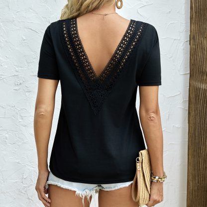 Women's Solid Color Deep V-neck Backless Lace Patchwork Loose T-shirt - Image 5