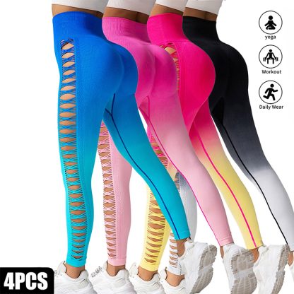 4 Pack Cut Out Ombre Gradient Color Hollow High-waist Butt-lifting Fitness Women's Yoga Pants, Women's High Waist Yoga Pants Cutout Ripped Super Soft And Comfortable Skinny Leggings - Image 10