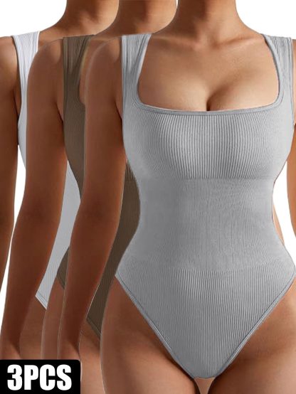 3 Pack Women Workout Seamless Jumpsuit Yoga Ribbed Bodycon One Piece Spaghetti Strap Romper - Image 2