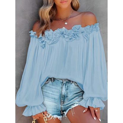 Women's Summer Off Shoulder Top Ruffle Long Sleeve Blouse Casual Loose Shirts - Image 6