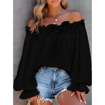 Women's Summer Off Shoulder Top Ruffle Long Sleeve Blouse Casual Loose Shirts - Image 4
