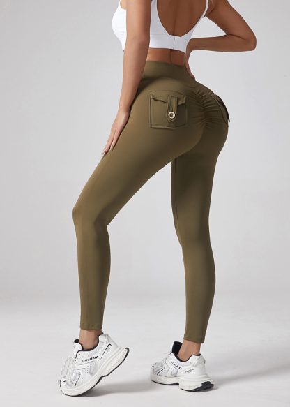 Yoga Waist Pleated Peach Hip Lifting Sports Pants For Female Workers, Pocket High Waisted Button Down Pants - Image 4