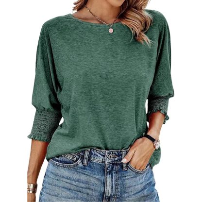 Womens Loose Fit Round Neck Smocked Cuffs Shirts Casual Solid Color Blouses - Image 6