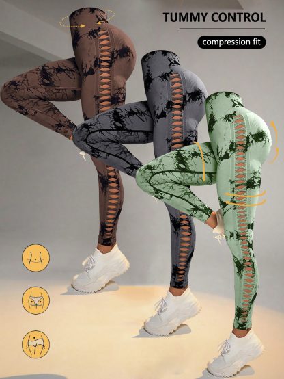 3 Pack Women's Tie-Dye Cutout Yoga Pants High-Waisted Leggings Women's Tie-Dye Leggings,, Leggings Women High Waisted Seamless Workout Leggings Gym Booty Tights Tummy Control Yoga Pants - Image 2