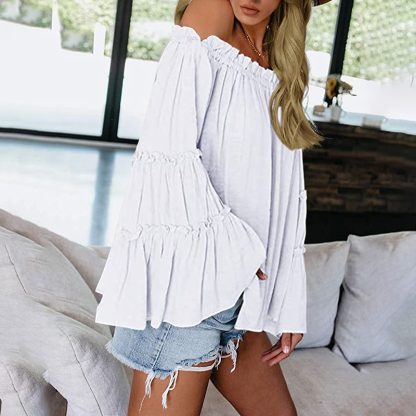 Women's Off Shoulder Blouse Long Flared Bell Sleeve Casual Loose Fit Top - Image 6