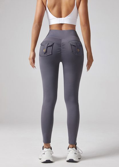 Yoga Waist Pleated Peach Hip Lifting Sports Pants For Female Workers, Pocket High Waisted Button Down Pants - Image 3