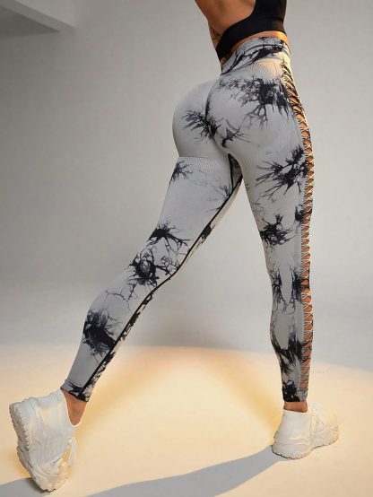 Cut Out Side Hollow Tie Dyed Yoga Pants, High Waist And Hip Lifting Fitness Pants With Side Hollow Seamless Sports Tights, Workout Gym Yoga Pants Scrunch Butt Lift Tights - Image 10