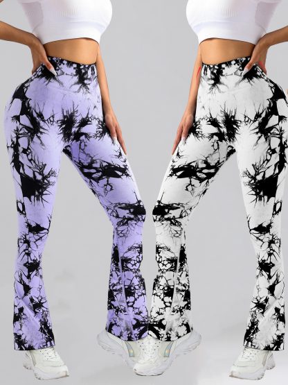 2 Pack Tie Dyed High Waisted Flared Butt-lifting Fitness Sports Women's Yoga Bell-bottom Pants, Workout Leggings For Women, Gym Scrunch Butt Butt Lifting Seamless Leggings - Image 5