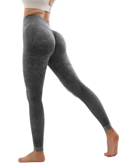 Women's Hollow Wide Band Waist Sports Leggings With Butt Ruching, Scrunch Butt Lifting Tights Seamless Yoga Tummy Control Pants - Image 10