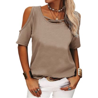 Womens Summer Trendy Shirts V Neck Cold Shoulder Tops Solid Color Casual Loose Sexy Blouse - Image 6