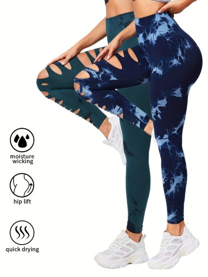 2 Pack Hollow Sexy High Elastic Women's Tie Dye Cutout Tights High Waist Workout Yoga Leggings, Scrunch Butt Lifting Elastic Pants, Tummy Control Butt Lifting Workout Yoga Athletic Pants - Image 7