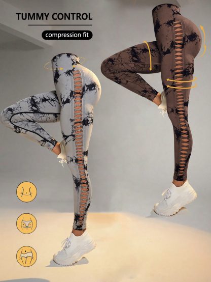 2 Pack Tie-dye Hollow High-waist Butt-lifting Women's Fitness Pants, Women's Tie Dye Cutout Tights Workout Yoga Leggings - Image 9