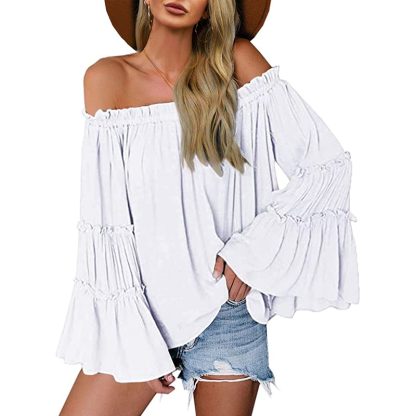 Women's Off Shoulder Blouse Long Flared Bell Sleeve Casual Loose Fit Top - Image 2