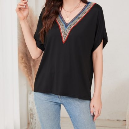 Women's Loose Fit Short Sleeved Breathable Casual Lace V-neck Shirt Top - Image 4