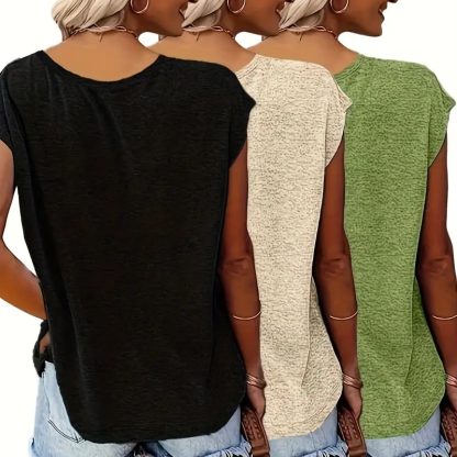 3-Pack Women's Cap Sleeve V-Neck Tank Tops Casual Loose Fit Basic Tees - Image 3