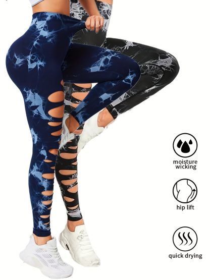 2 Pack Hollow Sexy High Elastic Women's Tie Dye Cutout Tights High Waist Workout Yoga Leggings, Scrunch Butt Lifting Elastic Pants, Tummy Control Butt Lifting Workout Yoga Athletic Pants - Image 2