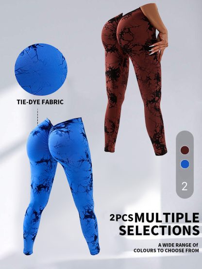 2 Pack Tie-Dye High Waist V-Back Yoga Leggings, Peach-Hip Enhancing Athleisure Tights, Sport Style Fitness Pants - Image 9