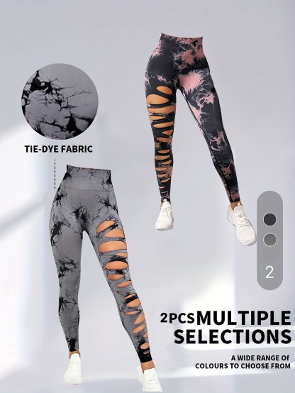 2 Pack Hollow Sexy High Elastic Women's Tie Dye Cutout Tights High Waist Workout Yoga Leggings, Scrunch Butt Lifting Elastic Pants, Tummy Control Butt Lifting Workout Yoga Athletic Pants - Image 5