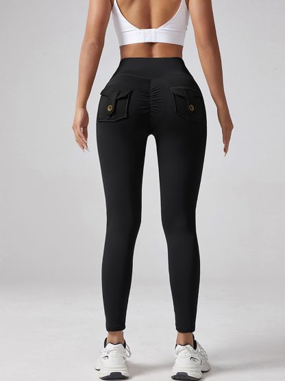 Yoga Waist Pleated Peach Hip Lifting Sports Pants For Female Workers, Pocket High Waisted Button Down Pants - Image 9