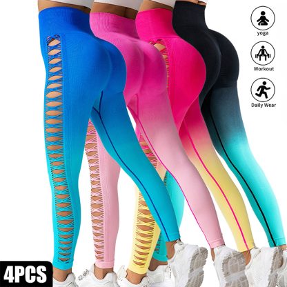 4 Pack Cut Out Ombre Gradient Color Hollow High-waist Butt-lifting Fitness Women's Yoga Pants, Women's High Waist Yoga Pants Cutout Ripped Super Soft And Comfortable Skinny Leggings - Image 8