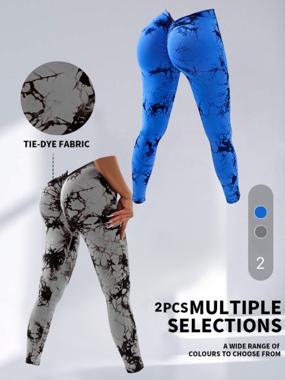 2 Pack Tie-Dye High Waist V-Back Yoga Leggings, Peach-Hip Enhancing Athleisure Tights, Sport Style Fitness Pants - Image 10