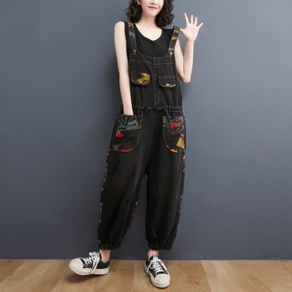 Women's Fashion Plus Size Age Reduction Print Suspender Jeans - Image 8