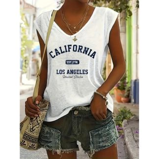 Womens Summer Tops Trendy V Neck Tank Tops Sleeveless Letter Printed Loose Fit