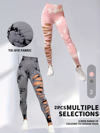 2 Pack Hollow Sexy High Elastic Women's Tie Dye Cutout Tights High Waist Workout Yoga Leggings, Scrunch Butt Lifting Elastic Pants, Tummy Control Butt Lifting Workout Yoga Athletic Pants - Image 9