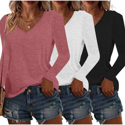 Womens Long Sleeve Shirts Fall Tops Basic Tshirts Loose Fit V Neck 3 Packs - Image 3