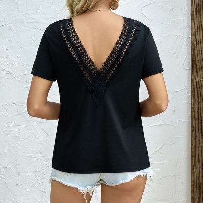 Women's Solid Color Deep V-neck Backless Lace Patchwork Loose T-shirt - Image 2