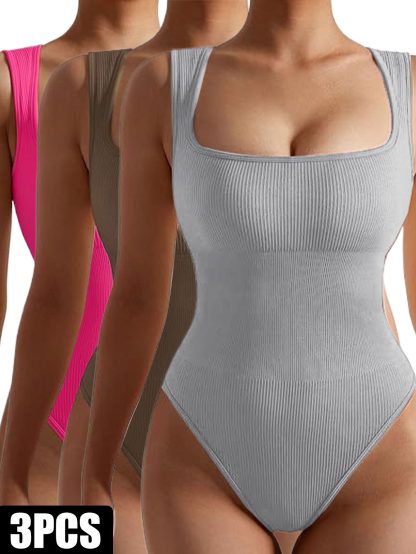 3 Pack Women Workout Seamless Jumpsuit Yoga Ribbed Bodycon One Piece Spaghetti Strap Romper - Image 7