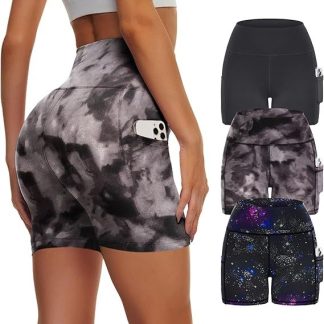 Yoga Pants - Three Points High Waist 3 Pieces Of Polyester Double Grinding Black Polyester Double Grinding Black Tie-dye Polyester Double Grinding Blue Purple Starry Sky