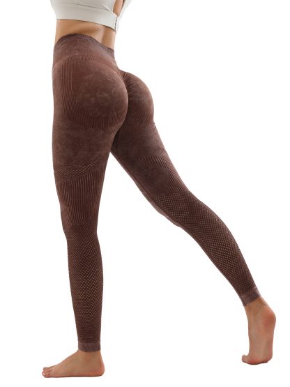 Women's Hollow Wide Band Waist Sports Leggings With Butt Ruching, Scrunch Butt Lifting Tights Seamless Yoga Tummy Control Pants - Image 3