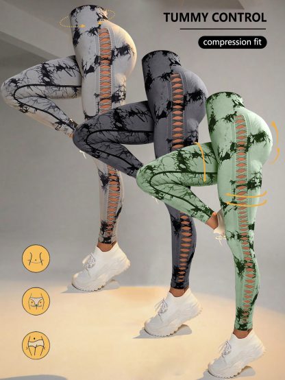 3 Pack Women's Tie-Dye Cutout Yoga Pants High-Waisted Leggings Women's Tie-Dye Leggings,, Leggings Women High Waisted Seamless Workout Leggings Gym Booty Tights Tummy Control Yoga Pants - Image 7