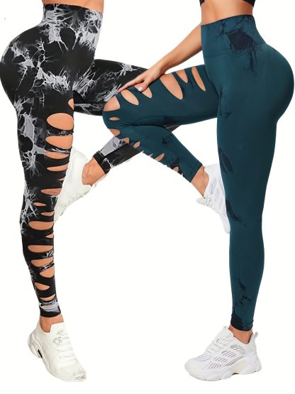 2 Pack Hollow Sexy High Elastic Women's Tie Dye Cutout Tights High Waist Workout Yoga Leggings, Scrunch Butt Lifting Elastic Pants, Tummy Control Butt Lifting Workout Yoga Athletic Pants - Image 10