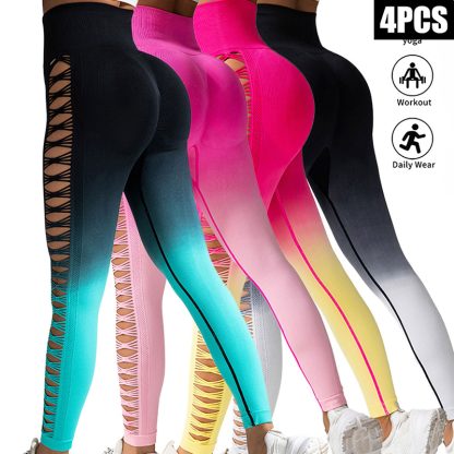 4 Pack Cut Out Ombre Gradient Color Hollow High-waist Butt-lifting Fitness Women's Yoga Pants, Women's High Waist Yoga Pants Cutout Ripped Super Soft And Comfortable Skinny Leggings - Image 5