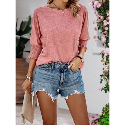 Womens Loose Fit Round Neck Smocked Cuffs Shirts Casual Solid Color Blouses - Image 10