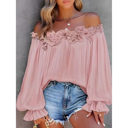 Women's Summer Off Shoulder Top Ruffle Long Sleeve Blouse Casual Loose Shirts - Image 7