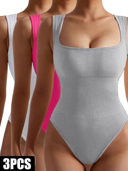 3 Pack Women Workout Seamless Jumpsuit Yoga Ribbed Bodycon One Piece Spaghetti Strap Romper - Image 10