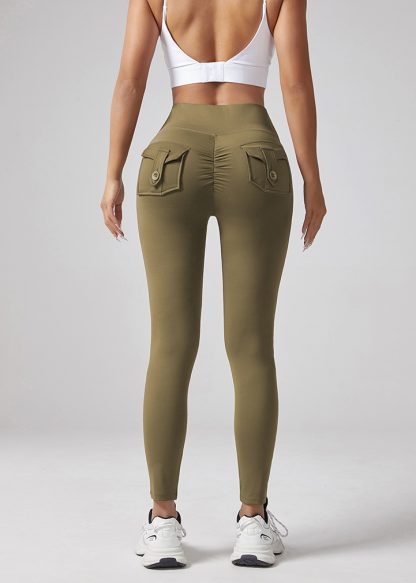 Yoga Waist Pleated Peach Hip Lifting Sports Pants For Female Workers, Pocket High Waisted Button Down Pants - Image 6